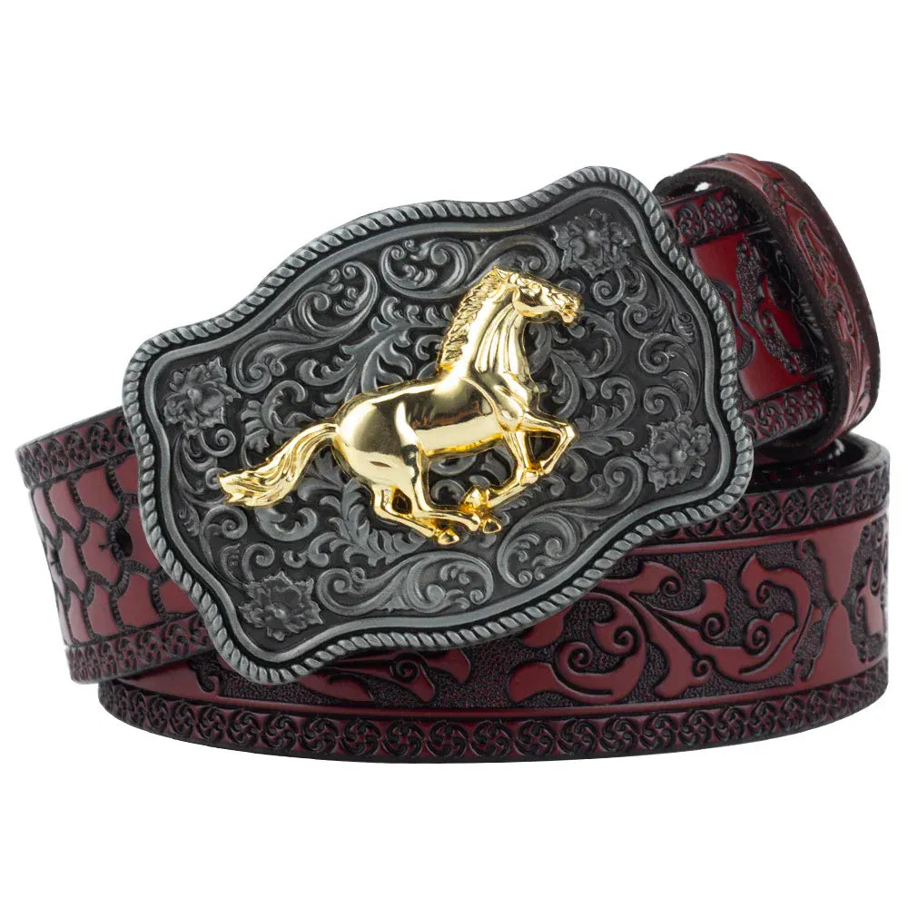 Äkta cowboyläderbälte hästmotiv Rödbrun Häst / 95cm