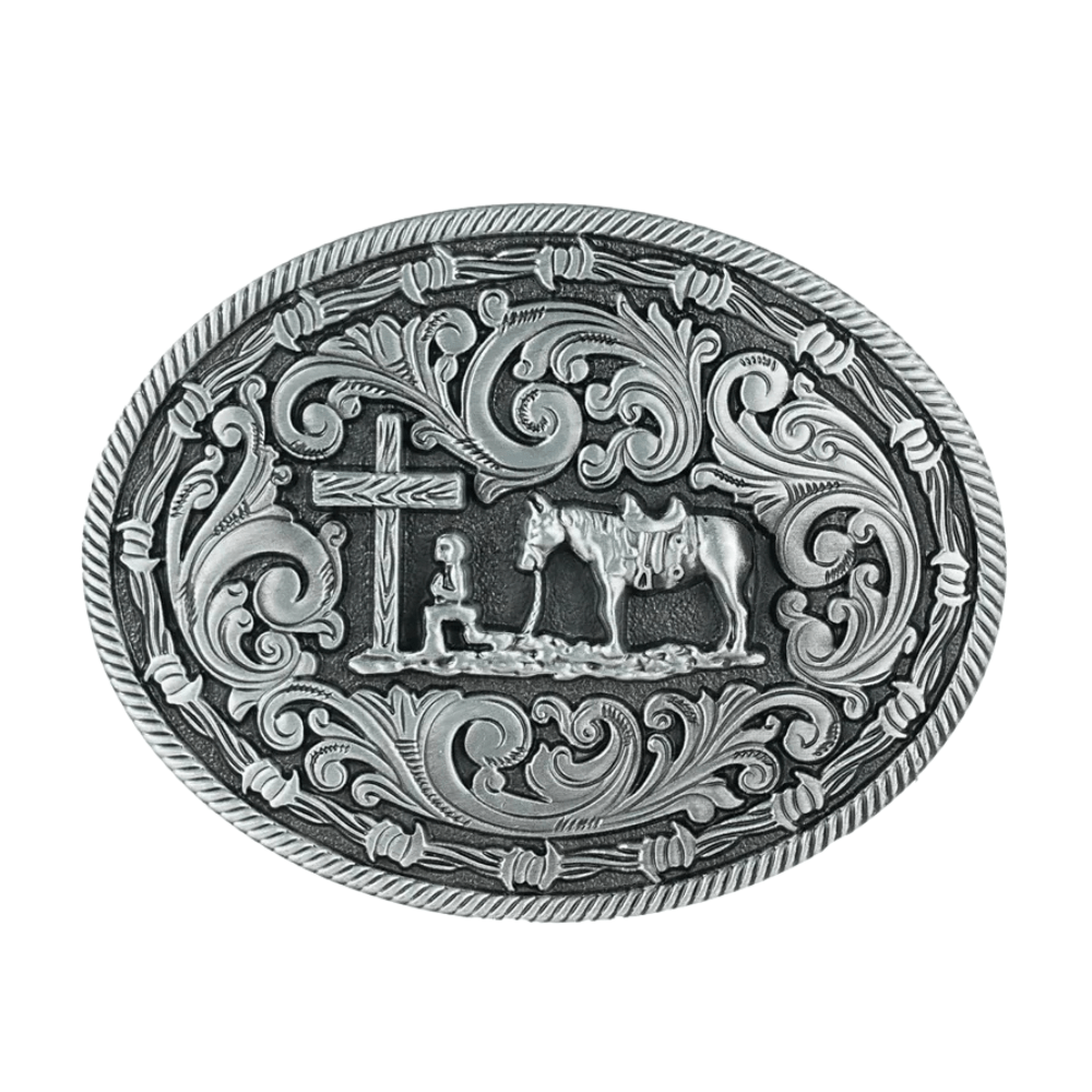 Bältespänne med ranchmotiv och häst i relief Silver