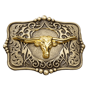 Bältespänne western med turkos sten och motiv i relief Guld longhorn