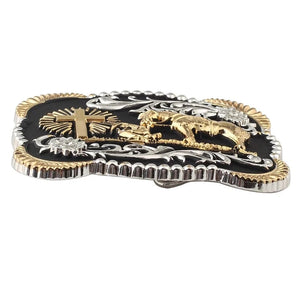 Bältesspänne western stil med häst kors och skalle i guld och silver