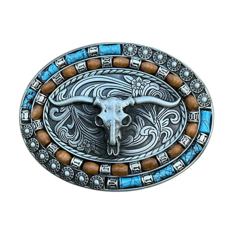 Bältesspänne western stil med tjurhuvud och färgade stenar Silver