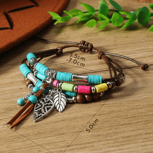 Boho Läderarmband med Turkosa Pärlor och Berlocker