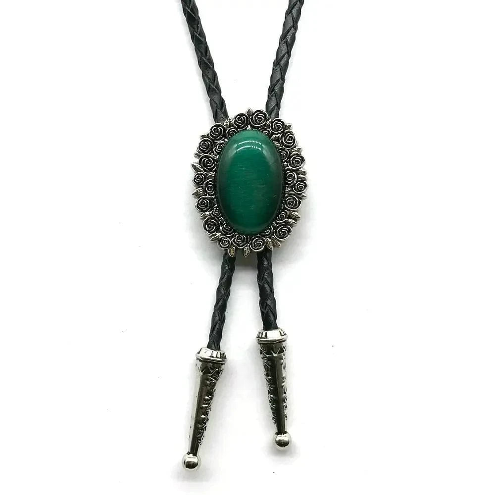 Bolo tie i äkta läder med vintageblomma och steninfattning Grön