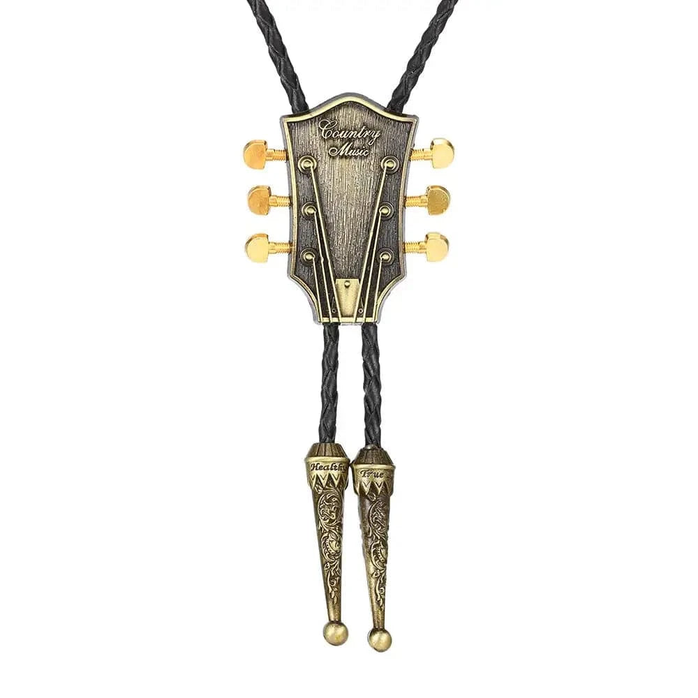 Bolo tie med gitarrhuvud i läder Antikbrons