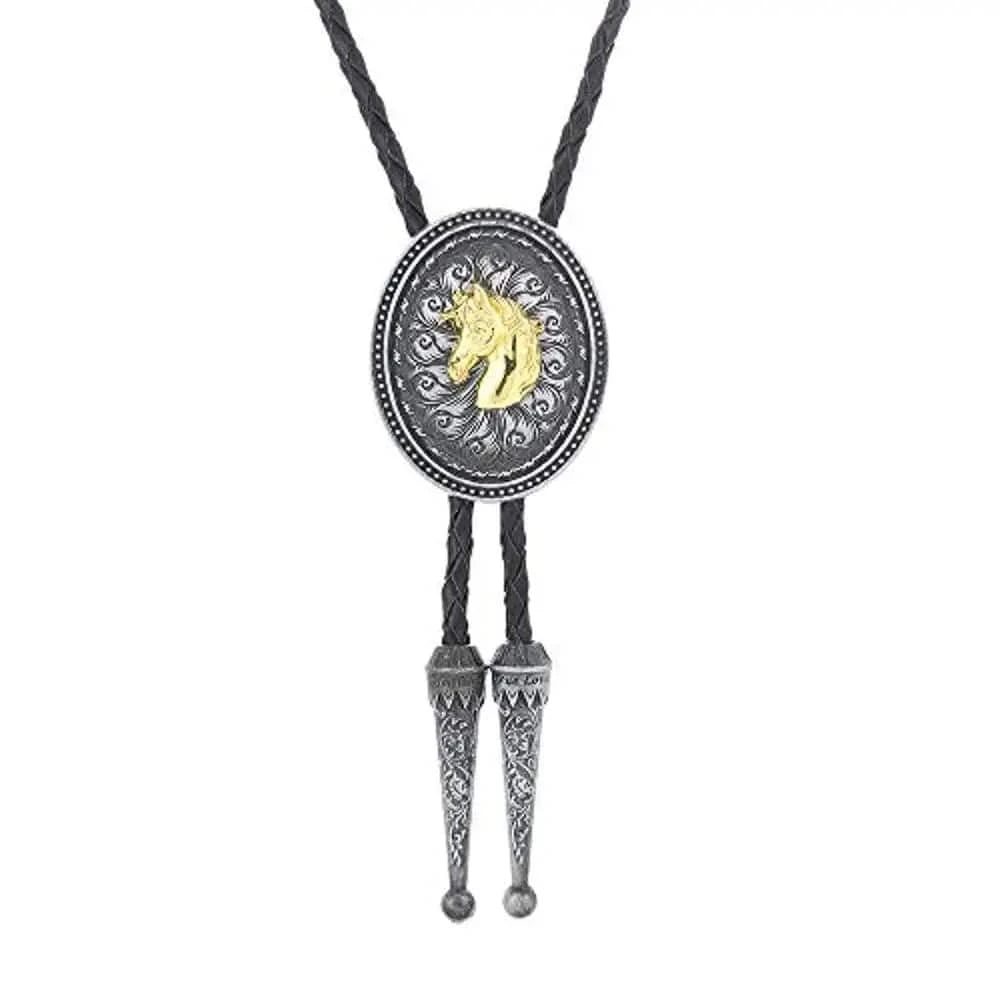 Bolo tie med guldfärgat djurhuvud Silver och guld hästhuvud