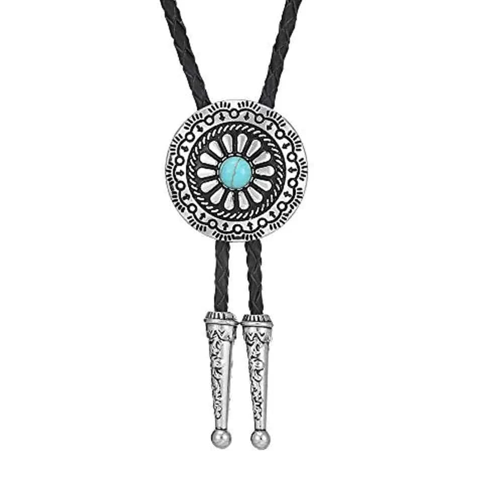 Bolo tie med runt metallhänge och lädersnöre Himmelsblå