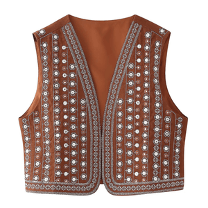 Broderad Väst Dam med Paljetter Brun / XS