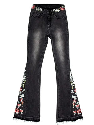 Broderade svarta flare jeans med blommönster