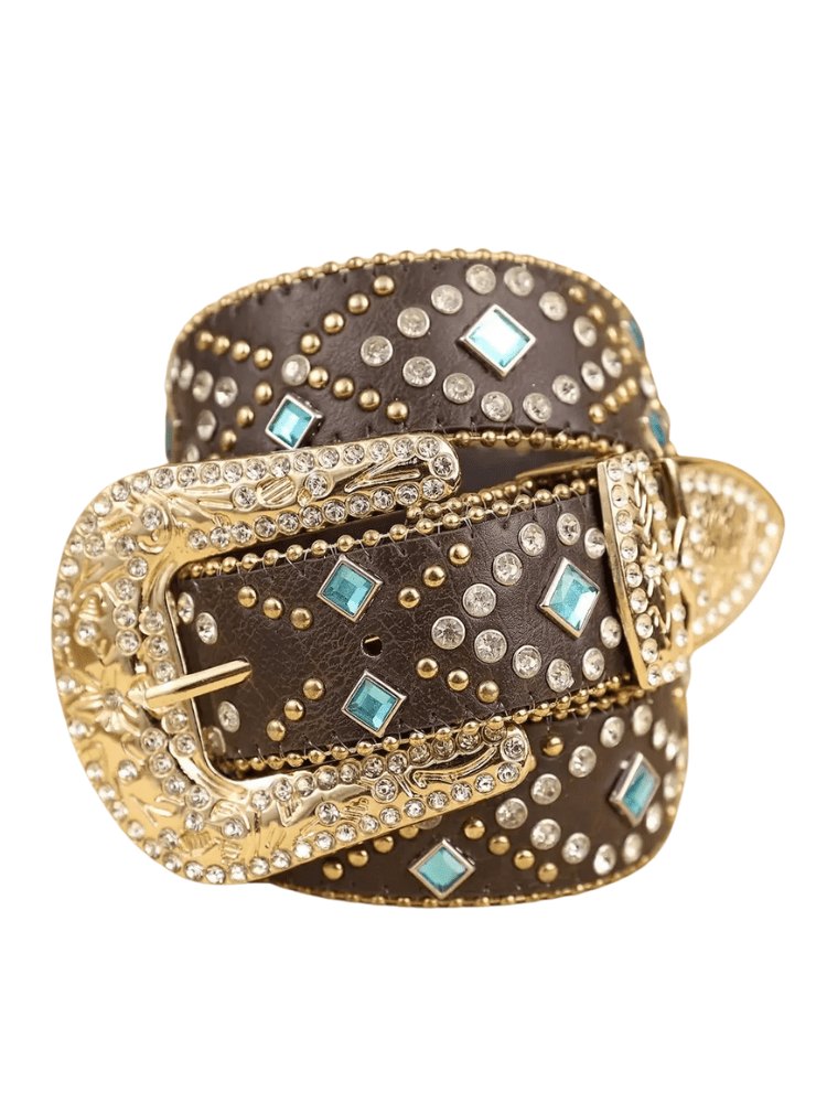 Brunt westernbälte med safirblå detaljer och gnistrande nitar Mörkbrun / 90cm