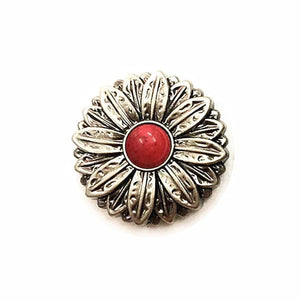 Concho i Mässing med Tribal Solblomma och Färgsten Antiksilver och röd / 30mm