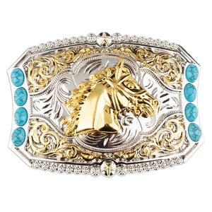 Cowboy-bältespänne med häst i guld och turkoser Hästhuvud