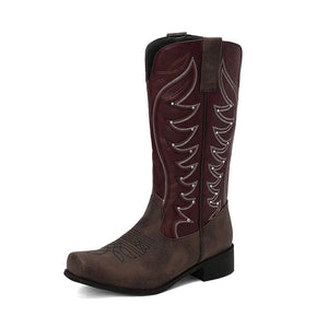 Tvåfärgade Höga Cowboyboots med Fyrkantig Tå för Dam Vinröd / 35