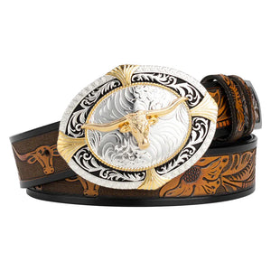 Cowboybälte i läder tjurhuvudspänne Kamel 1 / 95cm