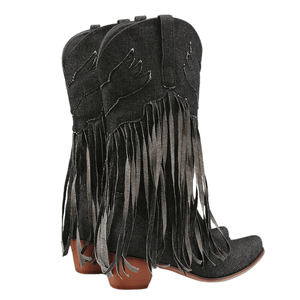 Cowboyboots i denim med fransar och blockklack
