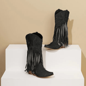 Cowboyboots i denim med fransar och blockklack