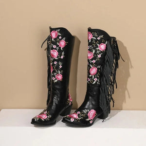 Cowboyboots med blombroderi och fransar