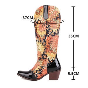 Cowboyboots med Blommönster och Fyrkantig Klack