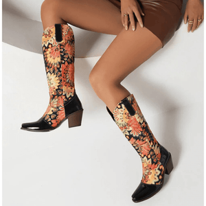 Cowboyboots med Blommönster och Fyrkantig Klack