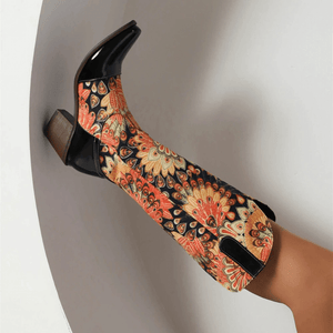 Cowboyboots med Blommönster och Fyrkantig Klack