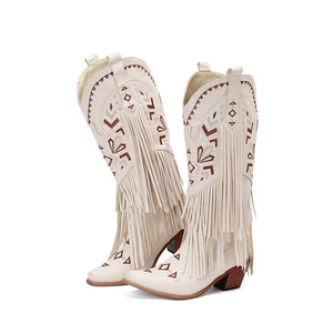 Cowboyboots med broderad design och eleganta fransar Vit / 35