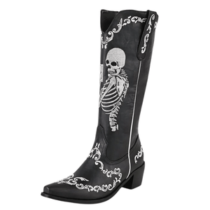 Cowboyboots med broderad skelettdesign och chunky klack Svart / 36