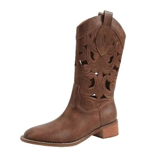 Cowboyboots med utskuren brodyr och stabil klack 4.5 cm Brun / 35