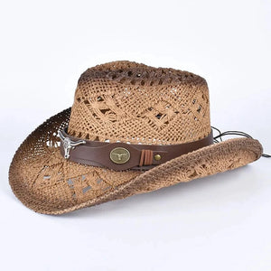 Cowboyhatt i flätad halm med tjurdetalj