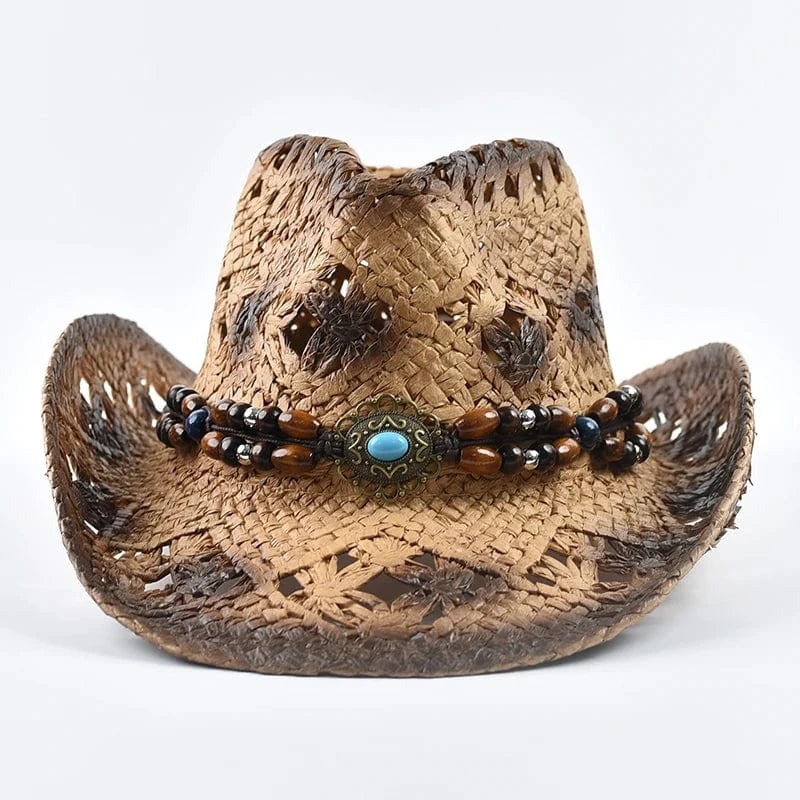 Cowboyhatt i halm med pärlor Beig / One Size