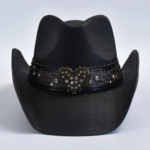 Cowboyhatt i svart flätad halmlook med hjärtspänne Svart / One Size