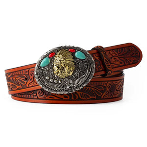 Cowboyläderbälte Indianhuvudspänne