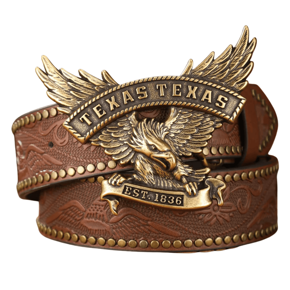 Cowboyläderbälte med Texas örnspänne Brun guld / 120cm
