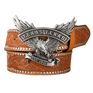 Cowboyläderbälte med Texas örnspänne Kamel Silver / 120cm