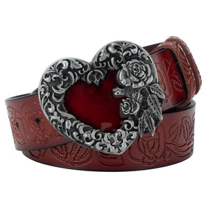 Cowboyläderbälte roshjärtspänne dam Silver Rödbrun / 90cm
