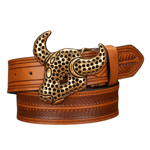 Elegant cowboybälte med gyllene tjurhuvudspänne Ljusbrun / 120cm