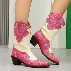 Tvåfärgade Höga Cowboyboots med Blommigt Broderi för Dam