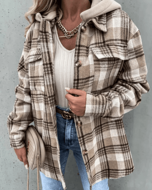 Fodrad rutig hoodie-skjorta dam Kaki / S