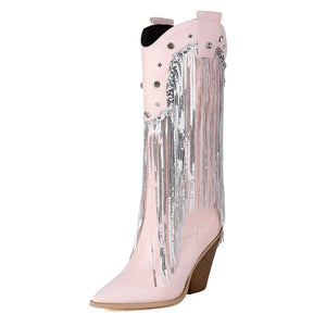 Fransiga Cowboyboots i Glansig Läderlook med Kilklack RosaLjusrosa / 35