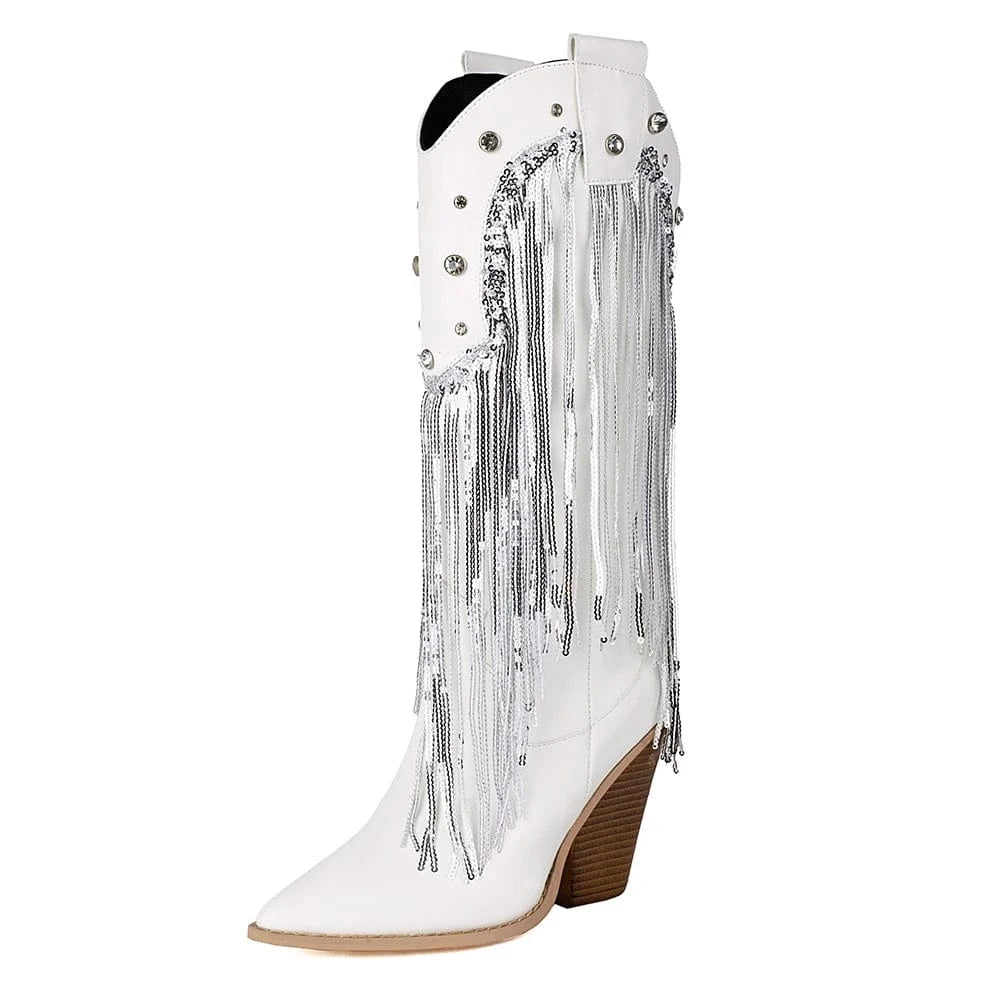 Fransiga Cowboyboots i Glansig Läderlook med Kilklack Vit / 35
