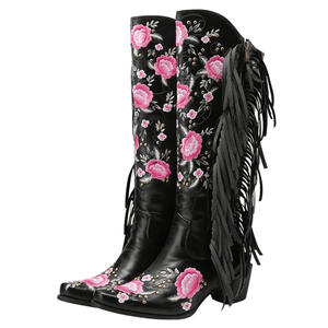 Höga Cowboyboots med Blomsterbroderi och Fransar