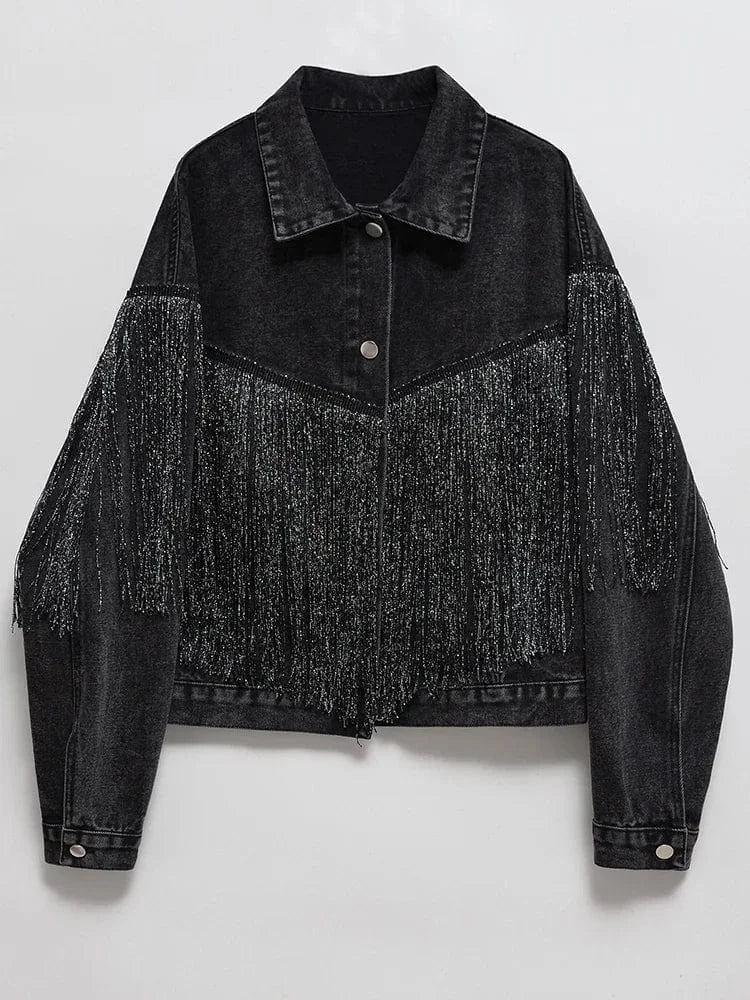 Jeansjacka med fransar dam Svart / XS