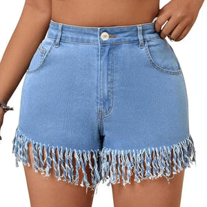 Jeansshorts med fransar för kurviga Blå / 0XL