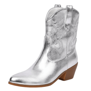 Låga cowboyboots i glänsande läderlook med broderi Silver / 35