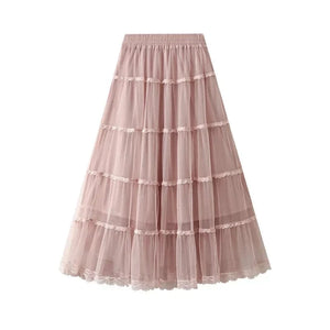 Lång A-linje tyllkjol med plisserade volanger Rosa / One Size