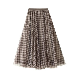 Lång rutig kjol i tyll med resår i midjan Khaki / One Size