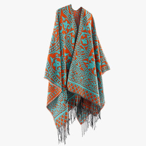 Öppen poncho med blommigt jacquardmönster