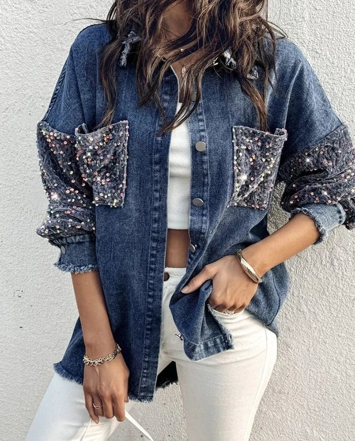 Oversize jeansjacka dam med paljetter Marinblå / S