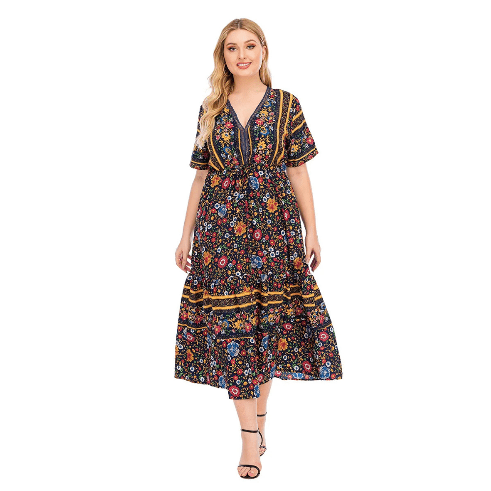 Plus size klänning i bohemisk stil Blå / 1XL