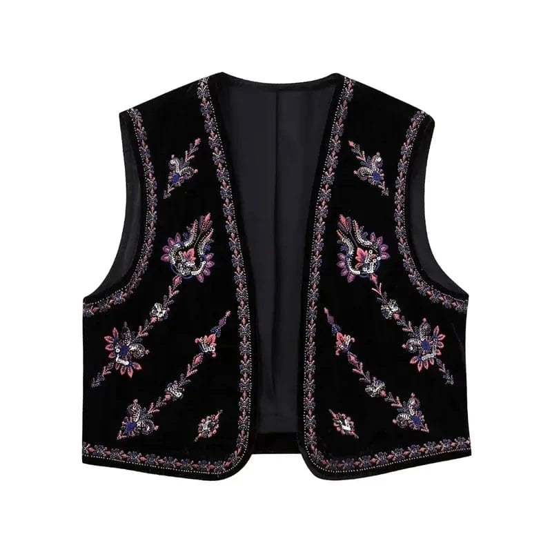 Svart Sammetsväst med Rosa Lila Silver Paljetter Broderi Svart / XS