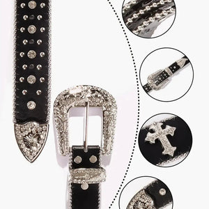 Svart westernbälte med kors och graverat spänne