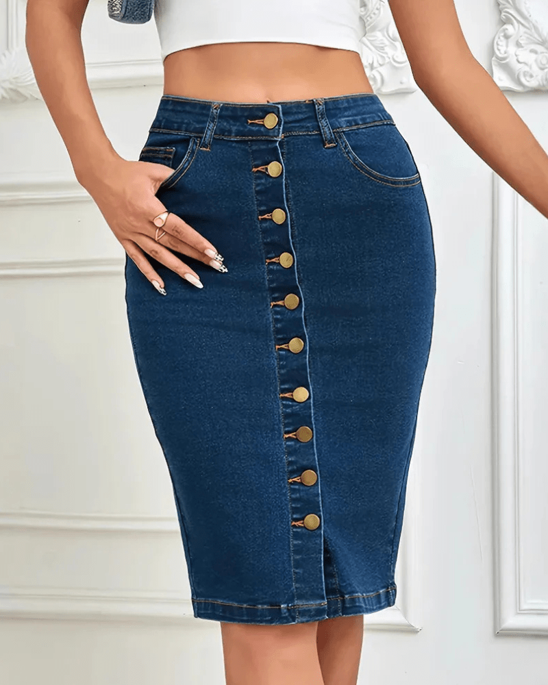 Tajt midi-jeanskjol med knappar Djupblå / S
